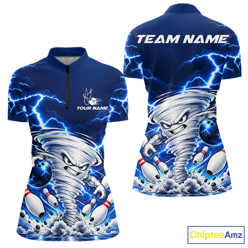 Blue Lightning Thunder Funny Tornado Bowling Shirt Custom Bowling Jersey Polo & 1/4 Zip