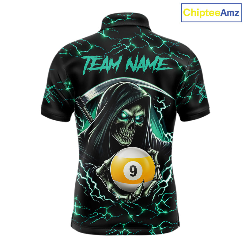 Turquoise Funny Grim Reaper 9 Ball Pool Billiard Shirts Custom Lightning Billiard Jerseys