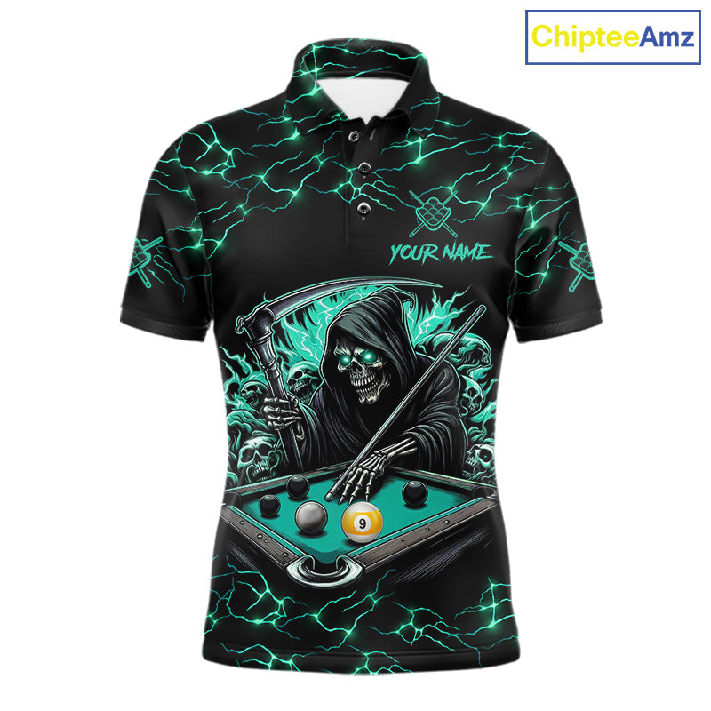 Turquoise Funny Grim Reaper 9 Ball Pool Billiard Shirts Custom Lightning Billiard Jerseys