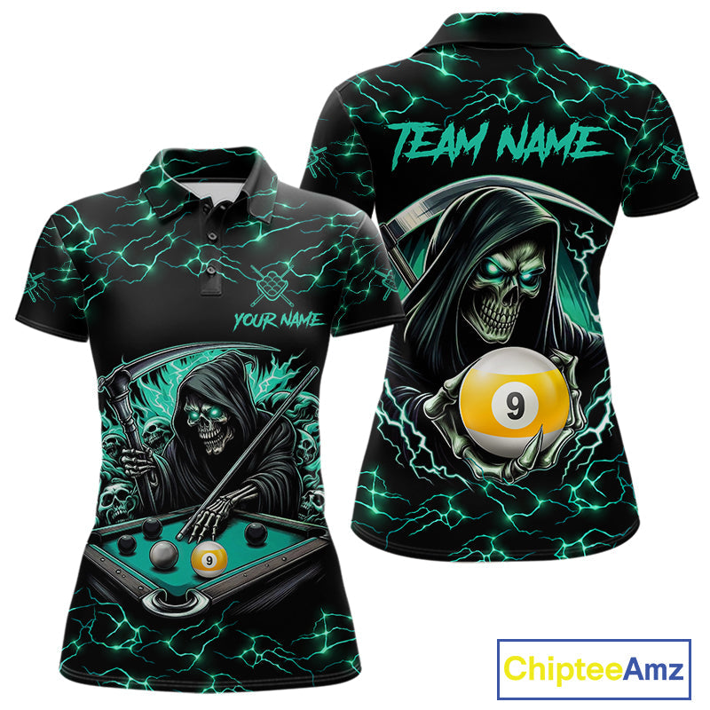 Turquoise Funny Grim Reaper 9 Ball Pool Billiard Shirts Custom Lightning Billiard Jerseys