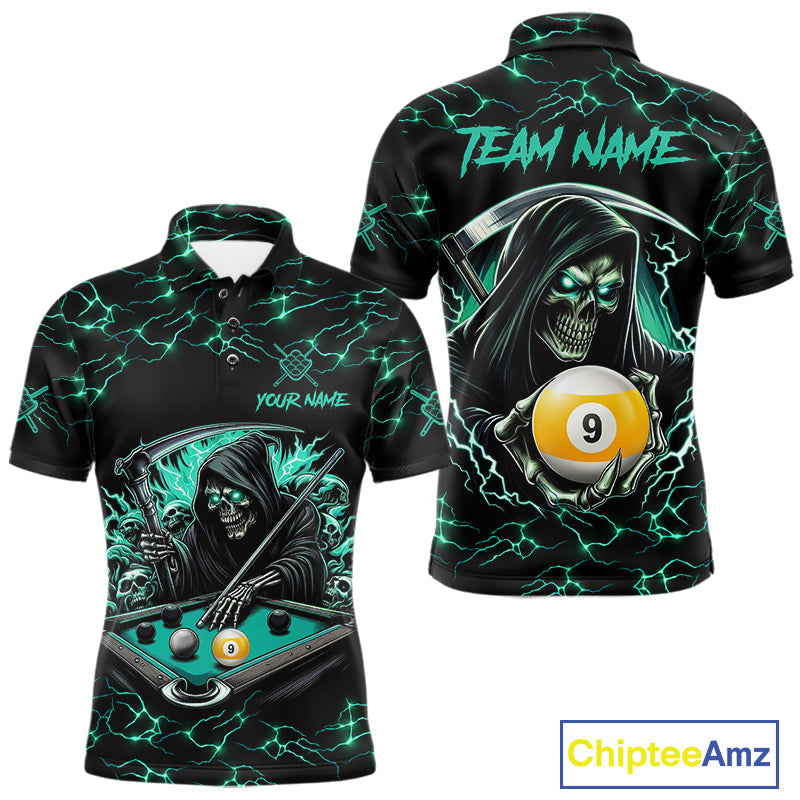 Turquoise Funny Grim Reaper 9 Ball Pool Billiard Shirts Custom Lightning Billiard Jerseys