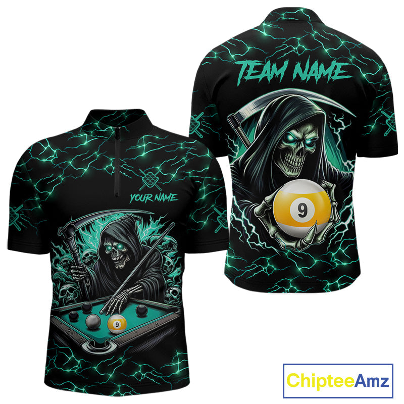 Turquoise Funny Grim Reaper 9 Ball Pool Billiard Shirts Custom Lightning Billiard Jerseys