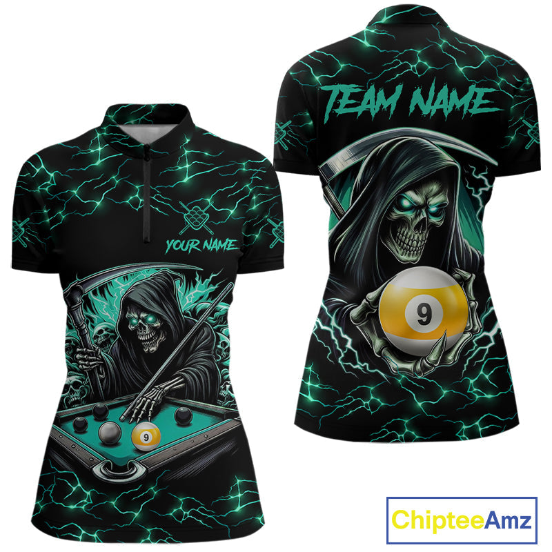 Turquoise Funny Grim Reaper 9 Ball Pool Billiard Shirts Custom Lightning Billiard Jerseys