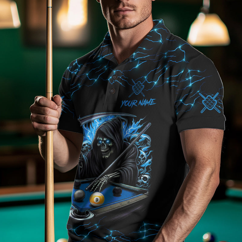 Blue Funny Grim Reaper 9 Ball Pool Billiard Shirts Custom Lightning Billiard Jerseys