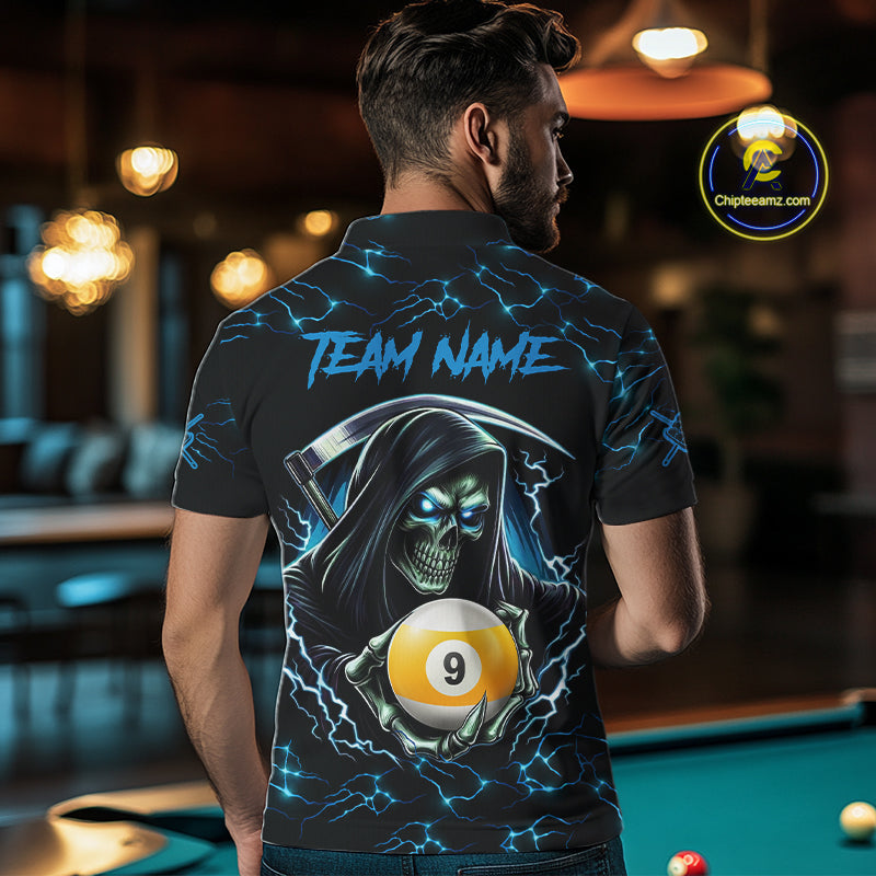 Blue Funny Grim Reaper 9 Ball Pool Billiard Shirts Custom Lightning Billiard Jerseys