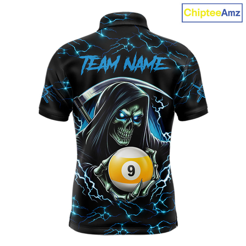 Blue Funny Grim Reaper 9 Ball Pool Billiard Shirts Custom Lightning Billiard Jerseys