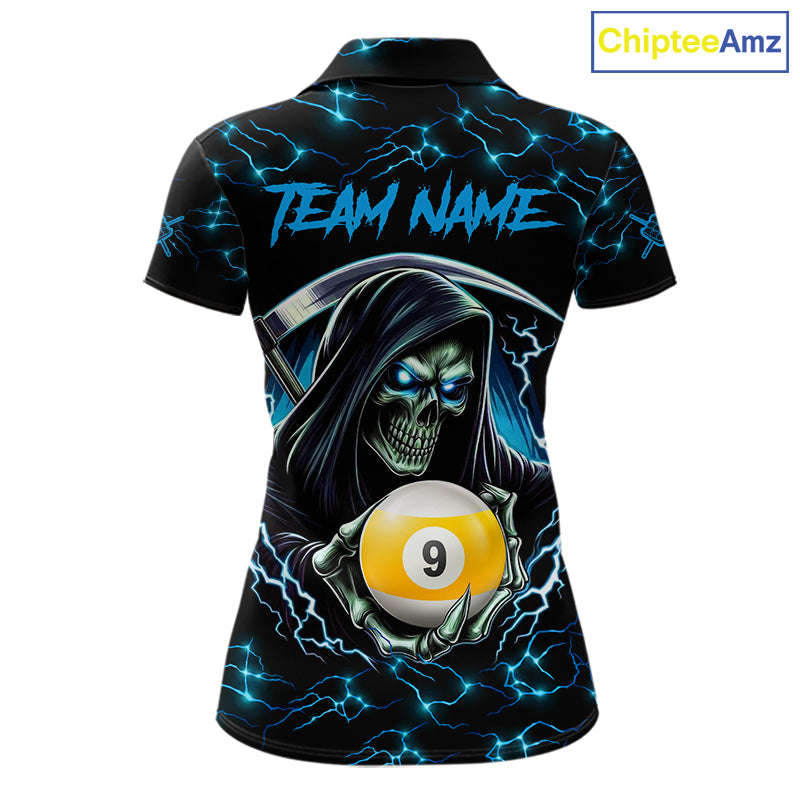 Blue Funny Grim Reaper 9 Ball Pool Billiard Shirts Custom Lightning Billiard Jerseys