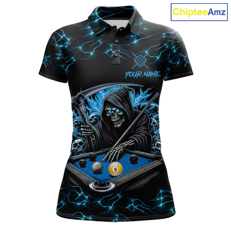 Blue Funny Grim Reaper 9 Ball Pool Billiard Shirts Custom Lightning Billiard Jerseys