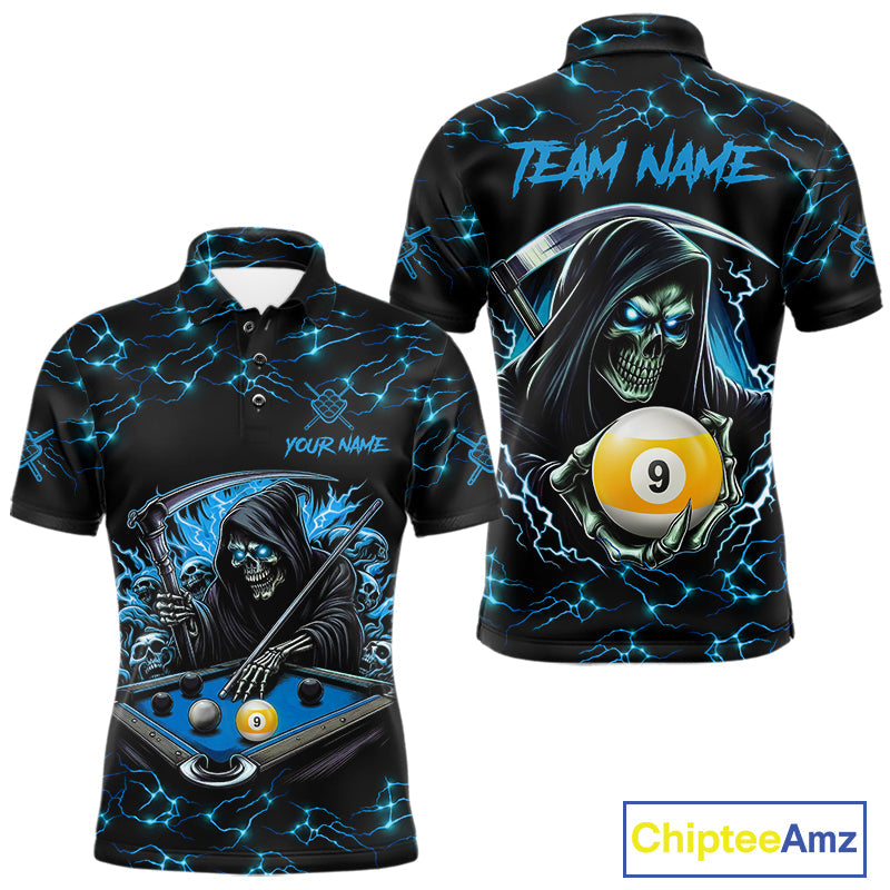 Blue Funny Grim Reaper 9 Ball Pool Billiard Shirts Custom Lightning Billiard Jerseys