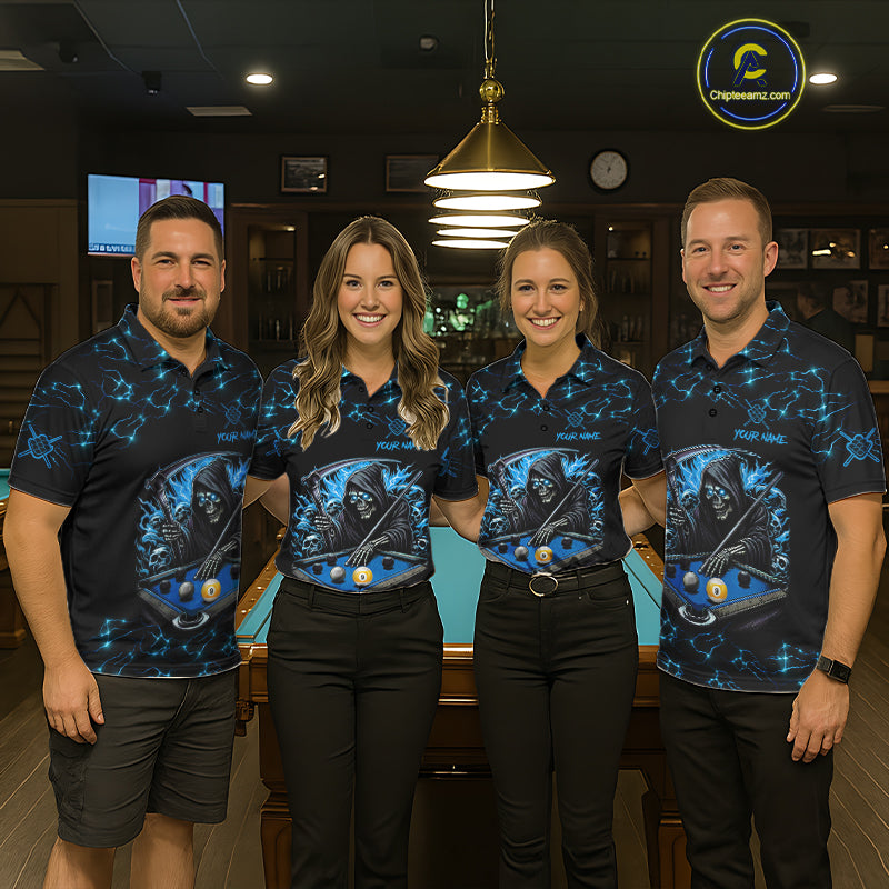 Blue Funny Grim Reaper 9 Ball Pool Billiard Shirts Custom Lightning Billiard Jerseys