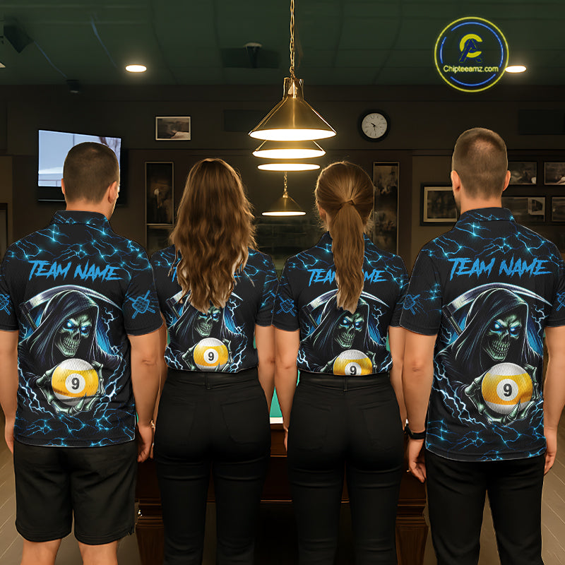 Blue Funny Grim Reaper 9 Ball Pool Billiard Shirts Custom Lightning Billiard Jerseys