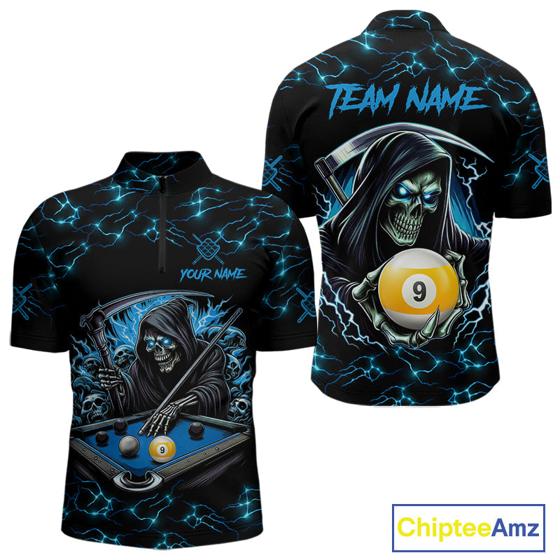 Blue Funny Grim Reaper 9 Ball Pool Billiard Shirts Custom Lightning Billiard Jerseys