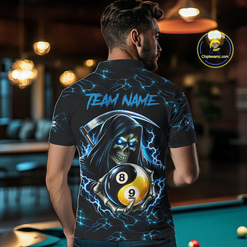 Blue Grim Reaper Yin-Yang Lightning Billiard Shirts Custom 8 Ball & 9 Ball Pool Team Jersey