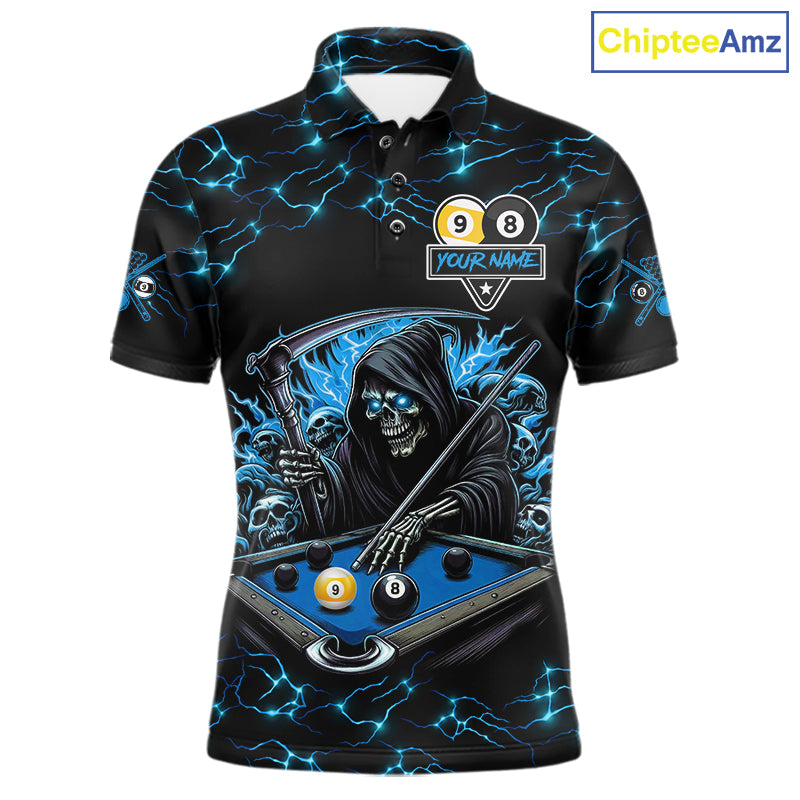 Blue Grim Reaper Yin-Yang Lightning Billiard Shirts Custom 8 Ball & 9 Ball Pool Team Jersey