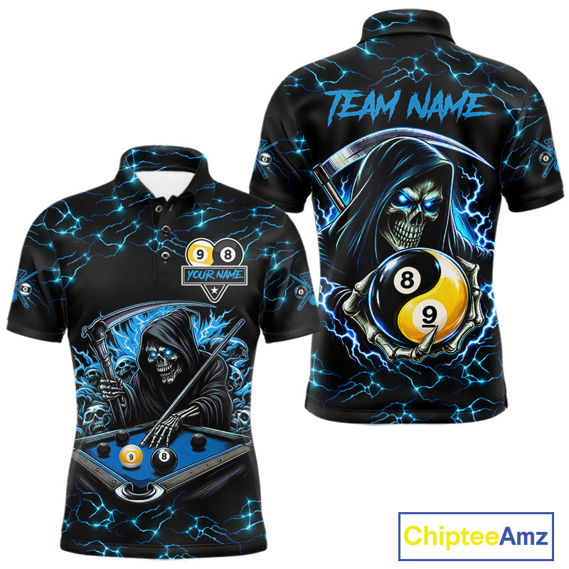 Blue Grim Reaper Yin-Yang Lightning Billiard Shirts Custom 8 Ball & 9 Ball Pool Team Jersey