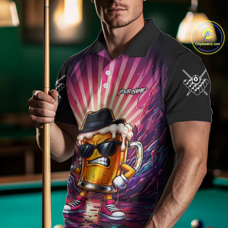 Funny Beer 8 Ball Billiard Shirt Custom Pink Graffiti Pool Team Jersey Polo & 1/4 Zip
