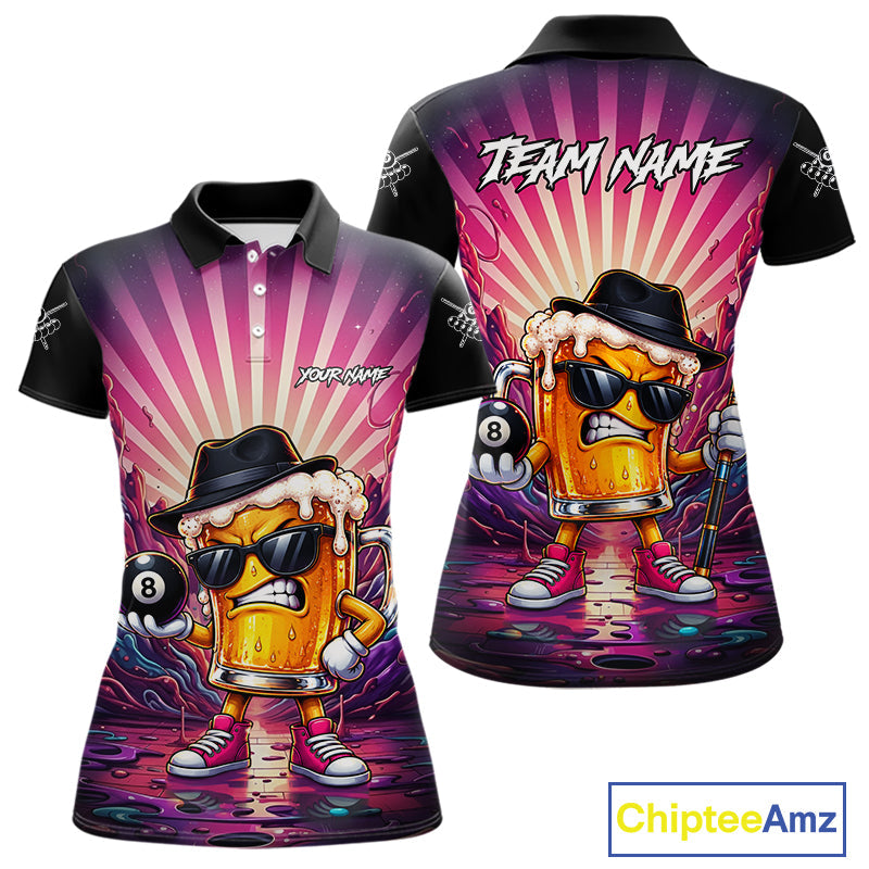 Funny Beer 8 Ball Billiard Shirt Custom Pink Graffiti Pool Team Jersey Polo & 1/4 Zip
