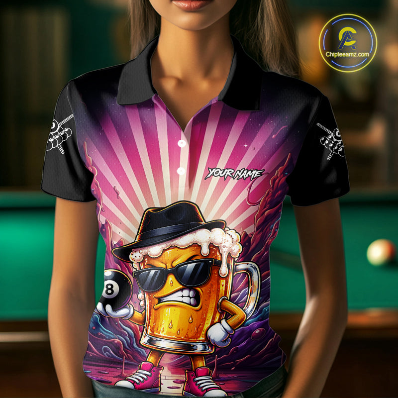 Funny Beer 8 Ball Billiard Shirt Custom Pink Graffiti Pool Team Jersey Polo & 1/4 Zip