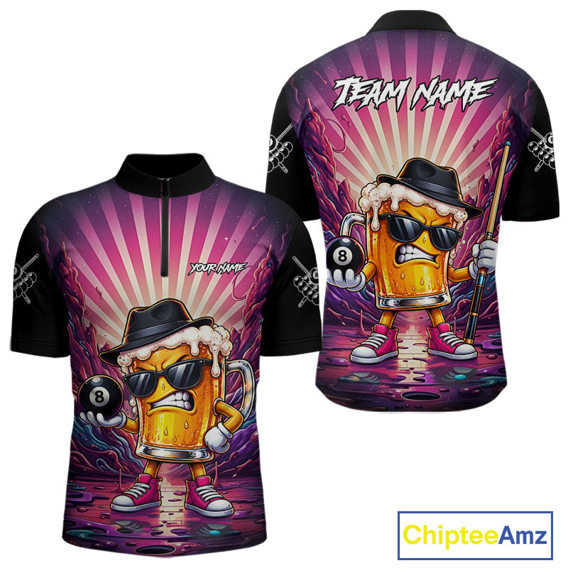 Funny Beer 8 Ball Billiard Shirt Custom Pink Graffiti Pool Team Jersey Polo & 1/4 Zip