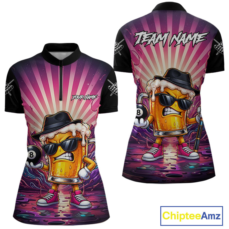 Funny Beer 8 Ball Billiard Shirt Custom Pink Graffiti Pool Team Jersey Polo & 1/4 Zip