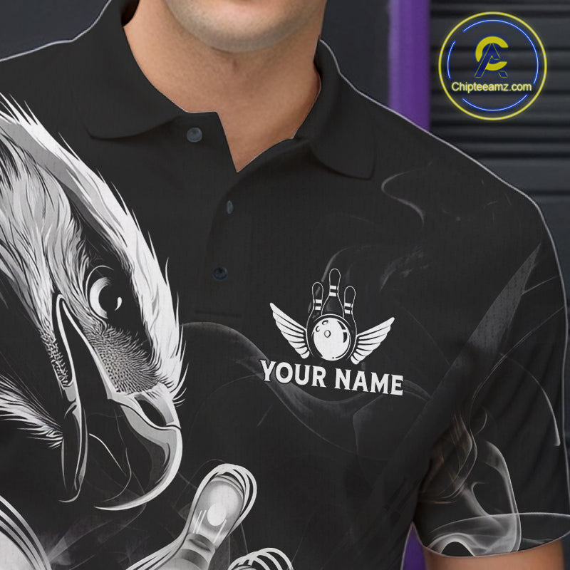 Black And White Custom Eagle Smoke Bowling Shirt, Bowling Team Jersey Polo & 1/4 Zip