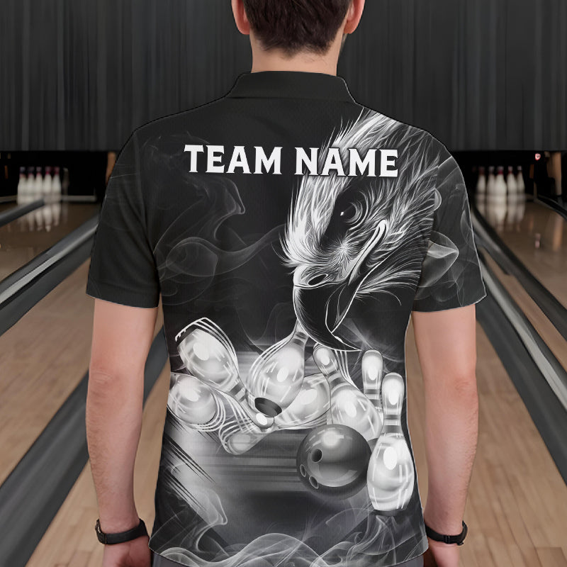 Black And White Custom Eagle Smoke Bowling Shirt, Bowling Team Jersey Polo & 1/4 Zip