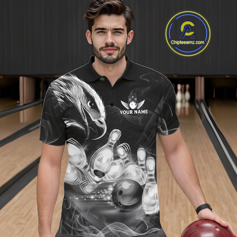 Black And White Custom Eagle Smoke Bowling Shirt, Bowling Team Jersey Polo & 1/4 Zip