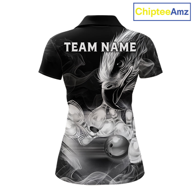 Black And White Custom Eagle Smoke Bowling Shirt, Bowling Team Jersey Polo & 1/4 Zip
