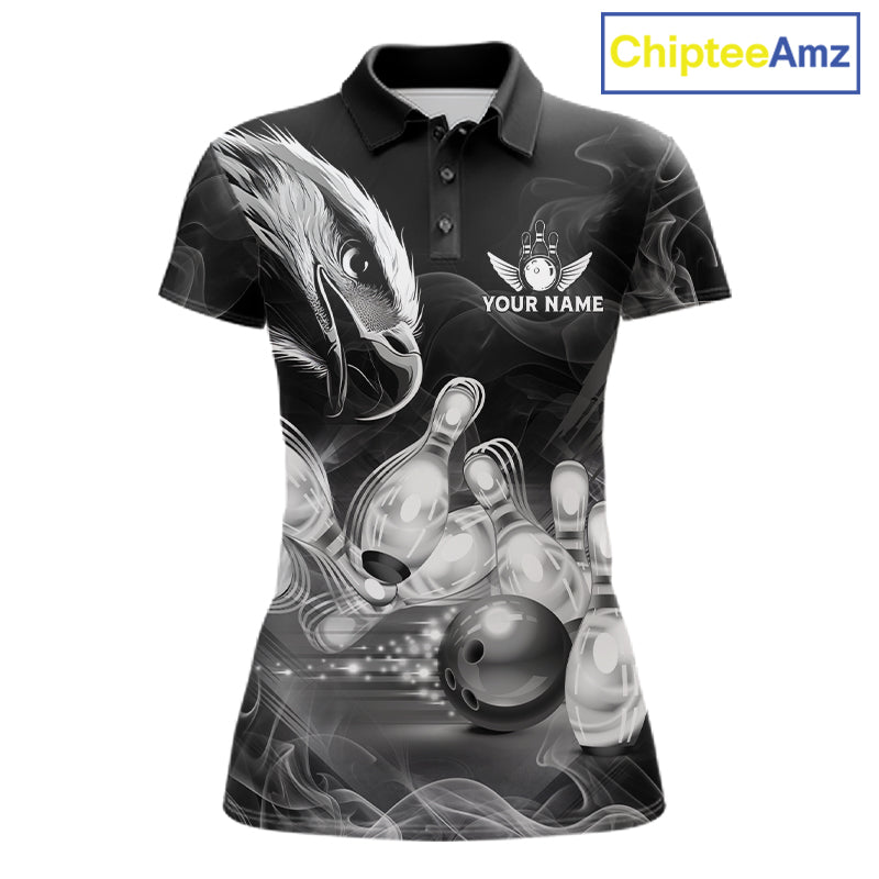 Black And White Custom Eagle Smoke Bowling Shirt, Bowling Team Jersey Polo & 1/4 Zip