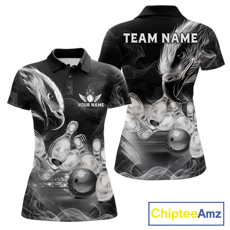 Black And White Custom Eagle Smoke Bowling Shirt, Bowling Team Jersey Polo & 1/4 Zip
