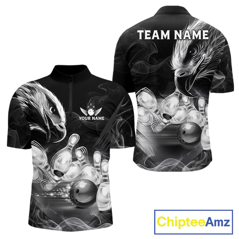 Black And White Custom Eagle Smoke Bowling Shirt, Bowling Team Jersey Polo & 1/4 Zip