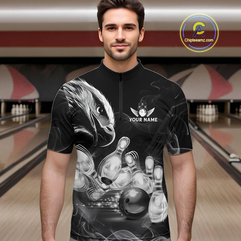 Black And White Custom Eagle Smoke Bowling Shirt, Bowling Team Jersey Polo & 1/4 Zip