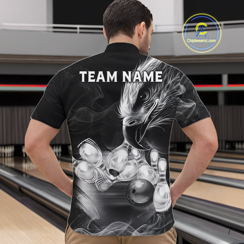 Black And White Custom Eagle Smoke Bowling Shirt, Bowling Team Jersey Polo & 1/4 Zip
