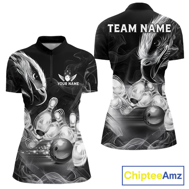 Black And White Custom Eagle Smoke Bowling Shirt, Bowling Team Jersey Polo & 1/4 Zip