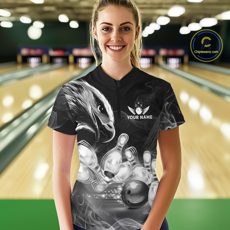 Black And White Custom Eagle Smoke Bowling Shirt, Bowling Team Jersey Polo & 1/4 Zip