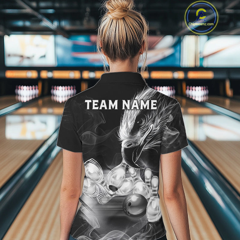 Black And White Custom Eagle Smoke Bowling Shirt, Bowling Team Jersey Polo & 1/4 Zip