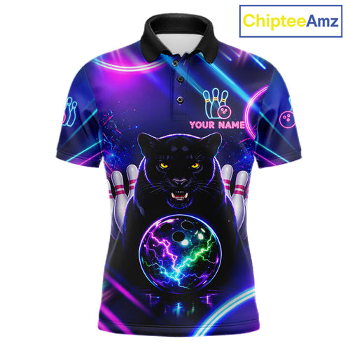 Neon Blue Purple Custom Panther Bowling Shirt, Glowing Bowling Team Jersey Polo & 1/4 Zip