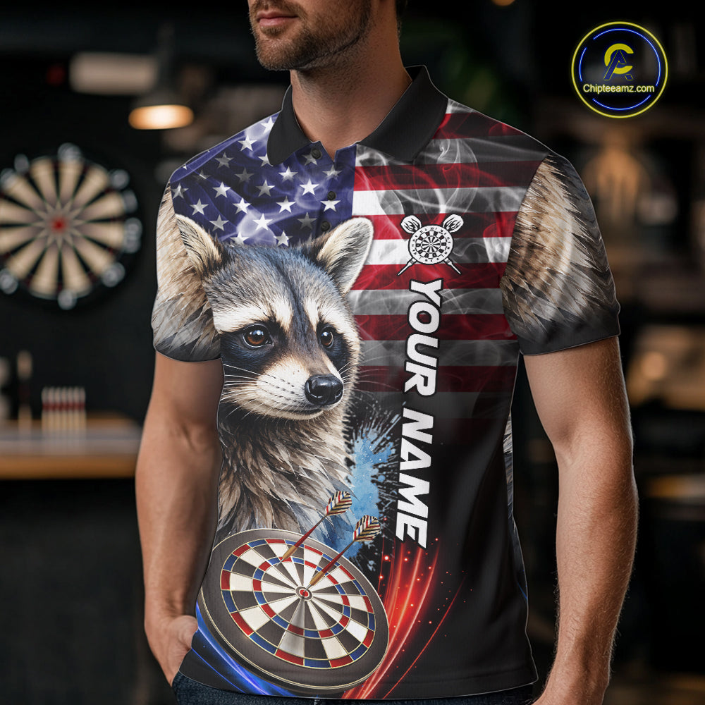 Smoke American Flag Raccoon Darts Polo, 1/4 Zip Shirts Custom Patriotic Darts Team Jersey