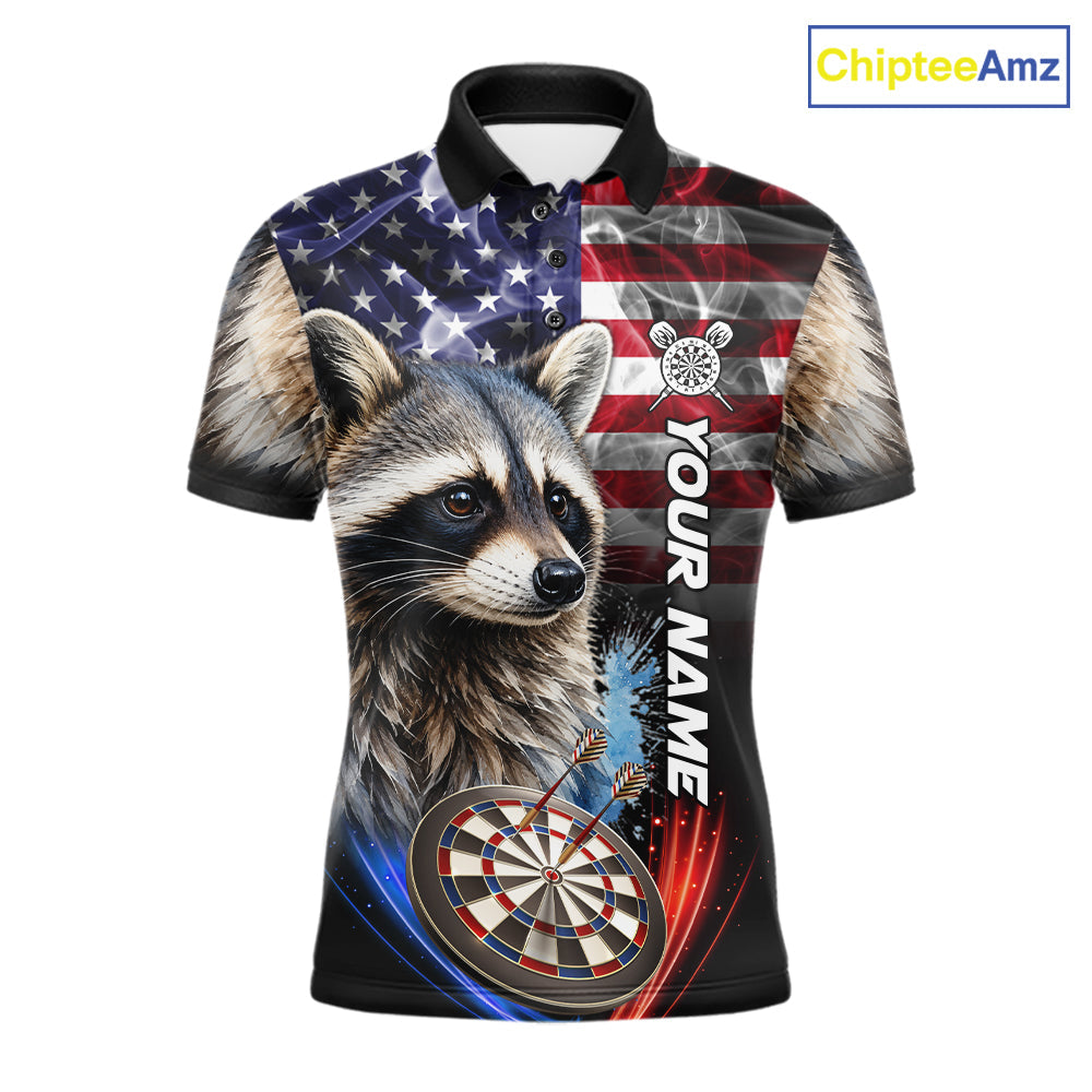 Smoke American Flag Raccoon Darts Polo, 1/4 Zip Shirts Custom Patriotic Darts Team Jersey