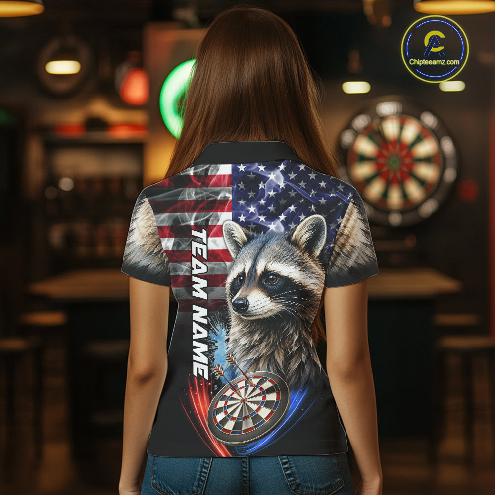 Smoke American Flag Raccoon Darts Polo, 1/4 Zip Shirts Custom Patriotic Darts Team Jersey
