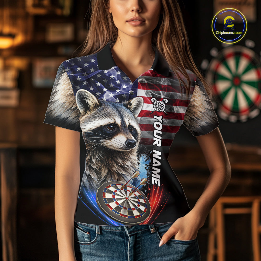 Smoke American Flag Raccoon Darts Polo, 1/4 Zip Shirts Custom Patriotic Darts Team Jersey