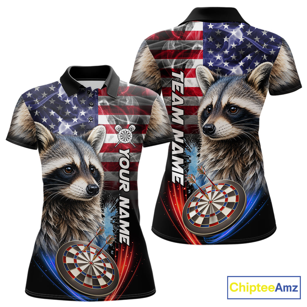Smoke American Flag Raccoon Darts Polo, 1/4 Zip Shirts Custom Patriotic Darts Team Jersey