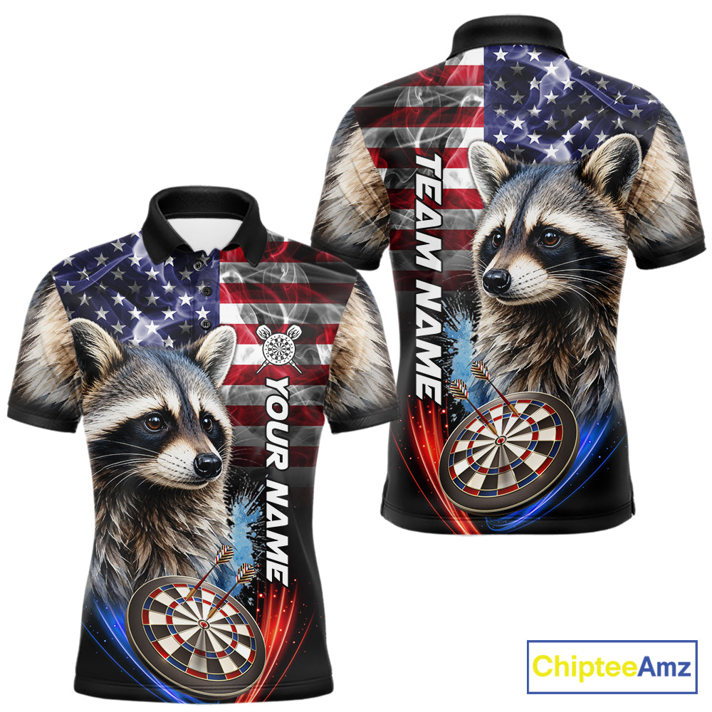 Smoke American Flag Raccoon Darts Polo, 1/4 Zip Shirts Custom Patriotic Darts Team Jersey