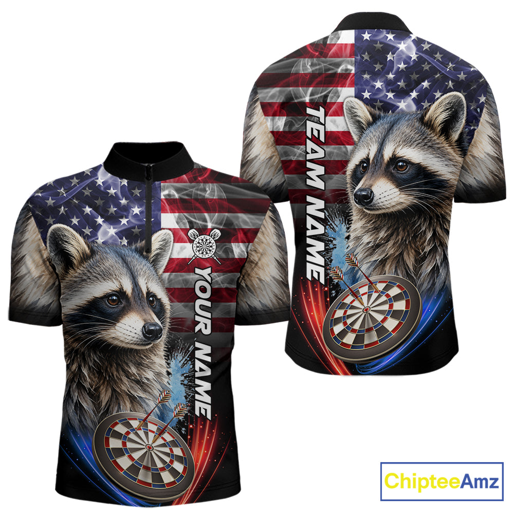 Smoke American Flag Raccoon Darts Polo, 1/4 Zip Shirts Custom Patriotic Darts Team Jersey