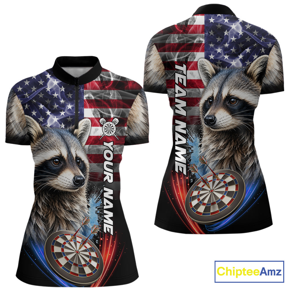 Smoke American Flag Raccoon Darts Polo, 1/4 Zip Shirts Custom Patriotic Darts Team Jersey