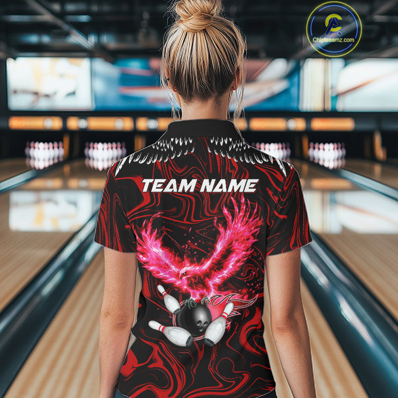 Black And Red Swirl Pattern Eagle Bowling Shirts Custom Bowling Team Jersey Polo, 1/4 Zip