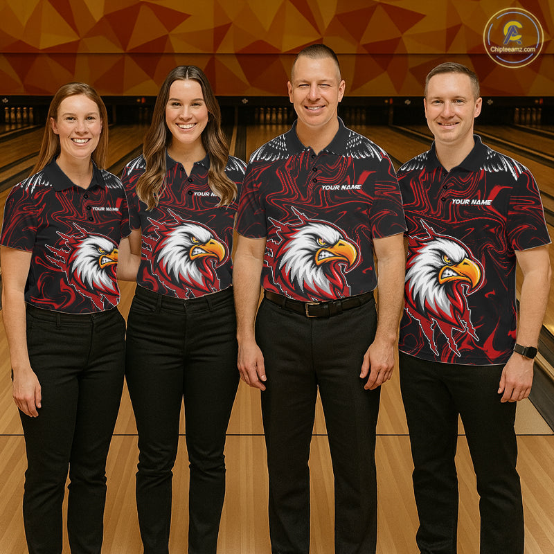 Black And Red Swirl Pattern Eagle Bowling Shirts Custom Bowling Team Jersey Polo, 1/4 Zip