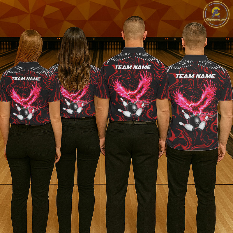 Black And Red Swirl Pattern Eagle Bowling Shirts Custom Bowling Team Jersey Polo, 1/4 Zip