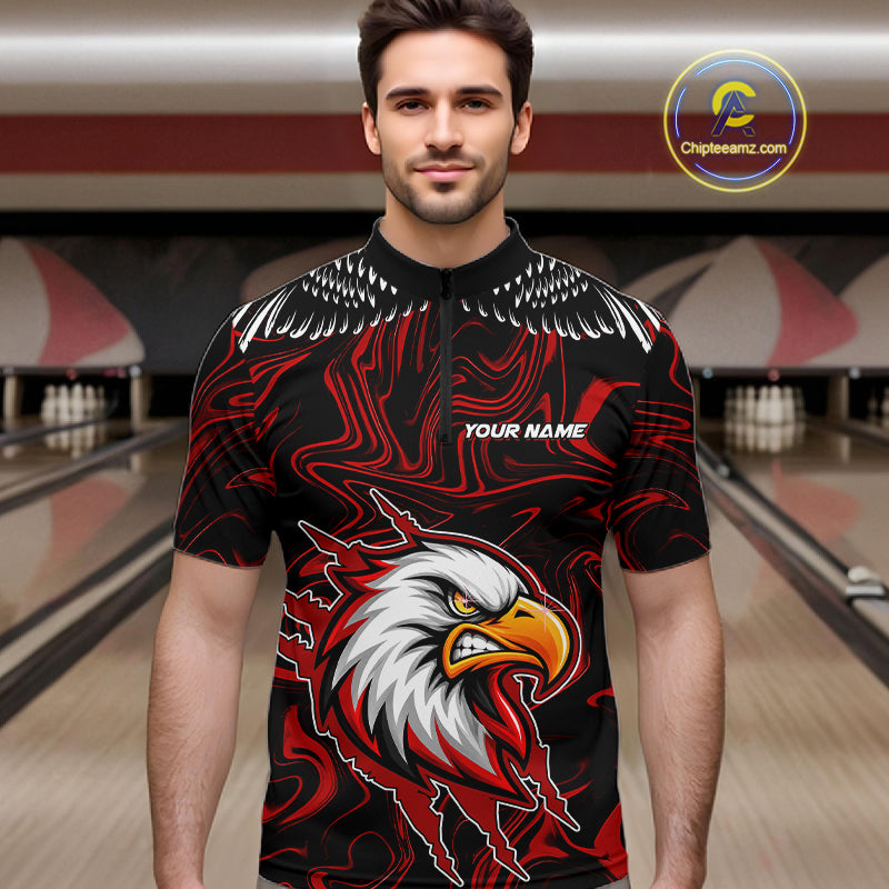 Black And Red Swirl Pattern Eagle Bowling Shirts Custom Bowling Team Jersey Polo, 1/4 Zip