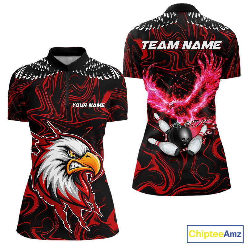 Black And Red Swirl Pattern Eagle Bowling Shirts Custom Bowling Team Jersey Polo, 1/4 Zip